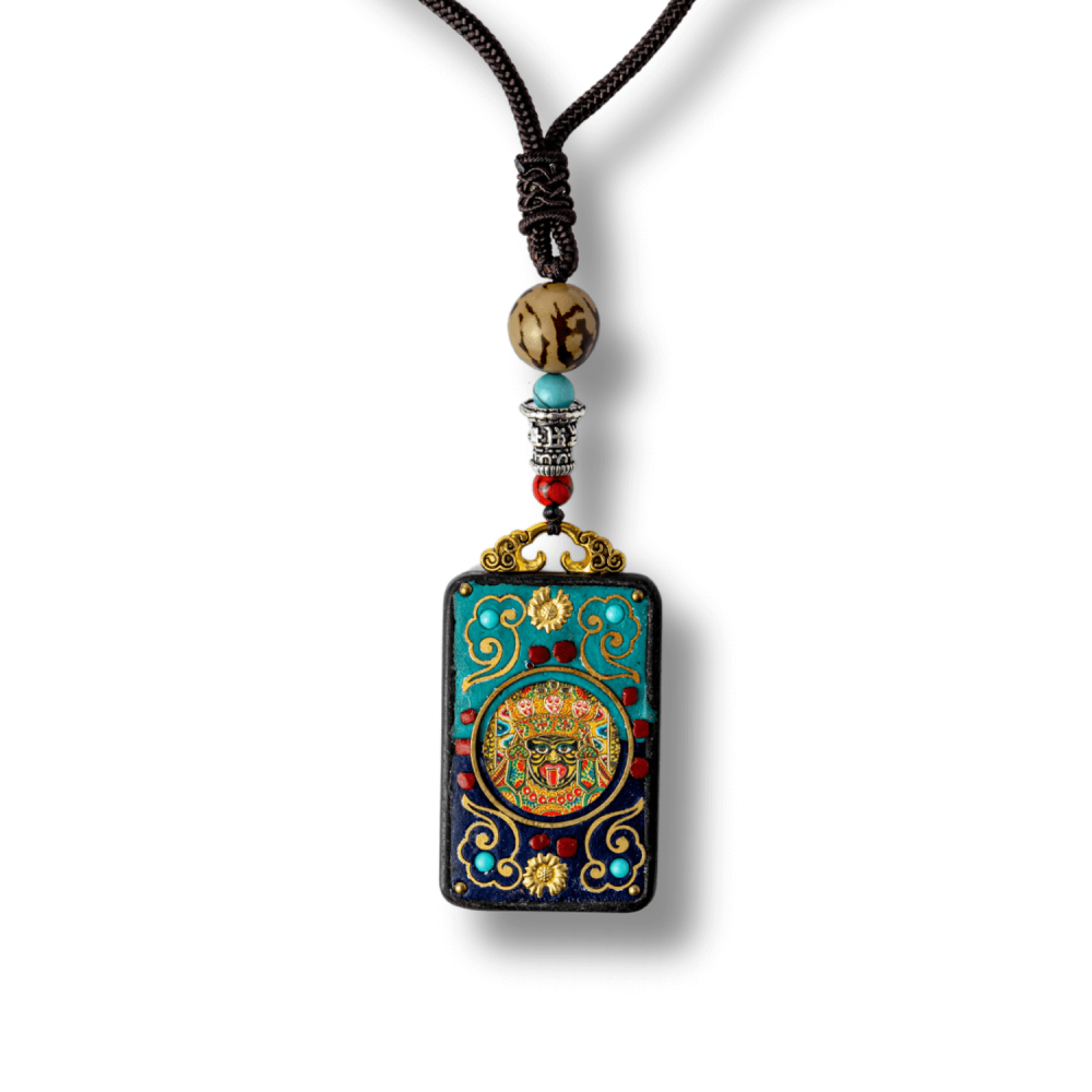 Colier Thangka Nepalez din Lemn de Abanos cu Leul de Zapada ,   Protectie Spirituala si Echilibru Interior