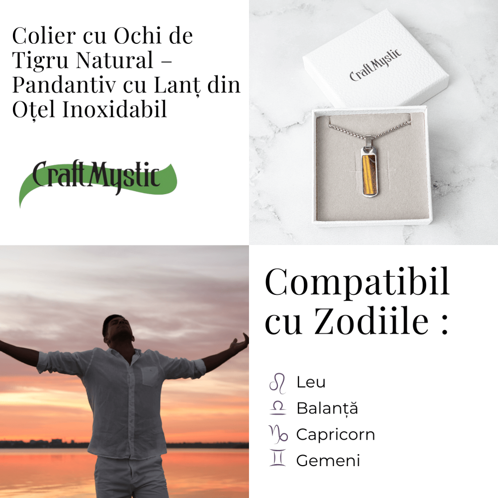 Colier Otel Inoxidabil cu Ochi de Tigru Natural – Pandantiv Dreptunghiular al Curajului [5]