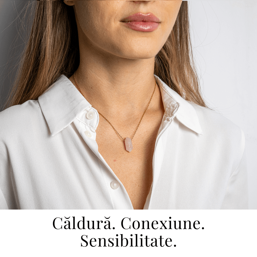 Colier din Cuart Roz Natural cu Pandantiv Fatetat Hexagonal [2]