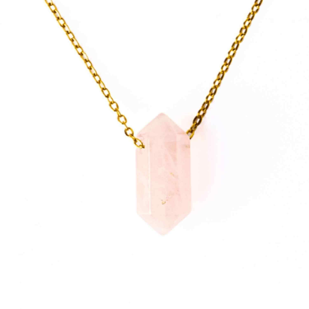 Colier din Cuart Roz Natural cu Pandantiv Fatetat Hexagonal