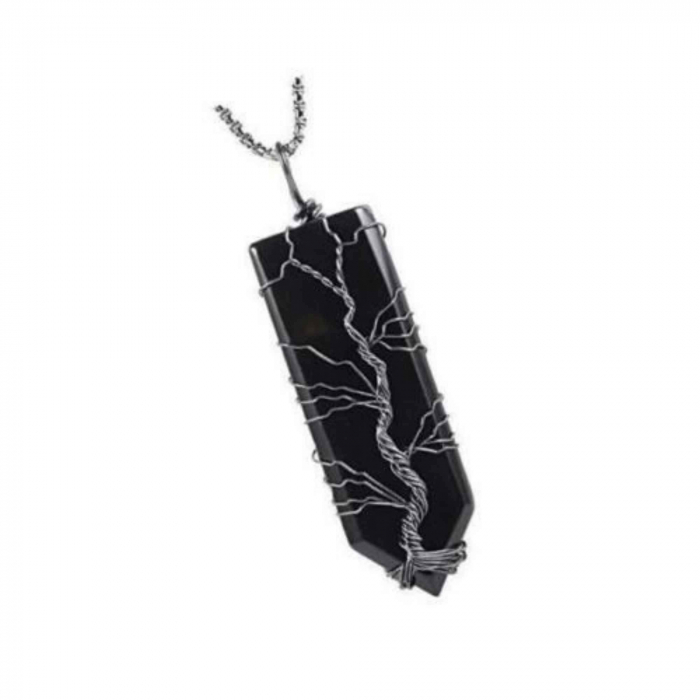 Colier cu pandantiv hexagonal din cristal obsidian - Realizat manual, infasurat intr-o sarma de cupru argintie, dandu-i o forma perfecta [4]