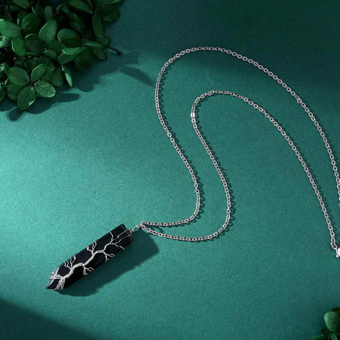Colier cu pandantiv hexagonal din cristal obsidian - Realizat manual, infasurat intr-o sarma de cupru argintie, dandu-i o forma perfecta [6]