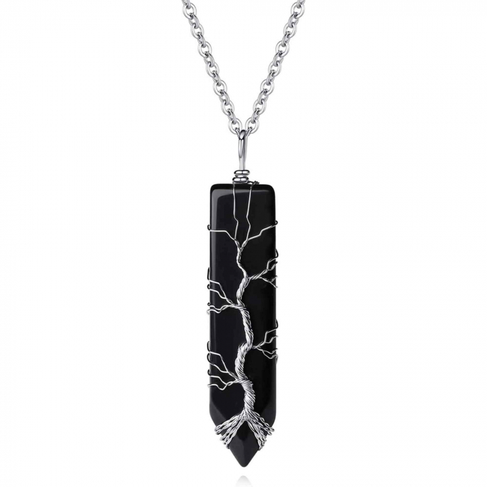 Colier cu pandantiv hexagonal din cristal obsidian - Realizat manual, infasurat intr-o sarma de cupru argintie, dandu-i o forma perfecta [2]