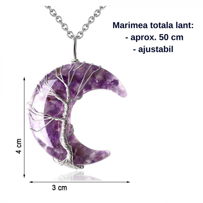Colier cu pandantiv model semiluna si arborele vietii cu cristal ametist si rasina naturala [2]