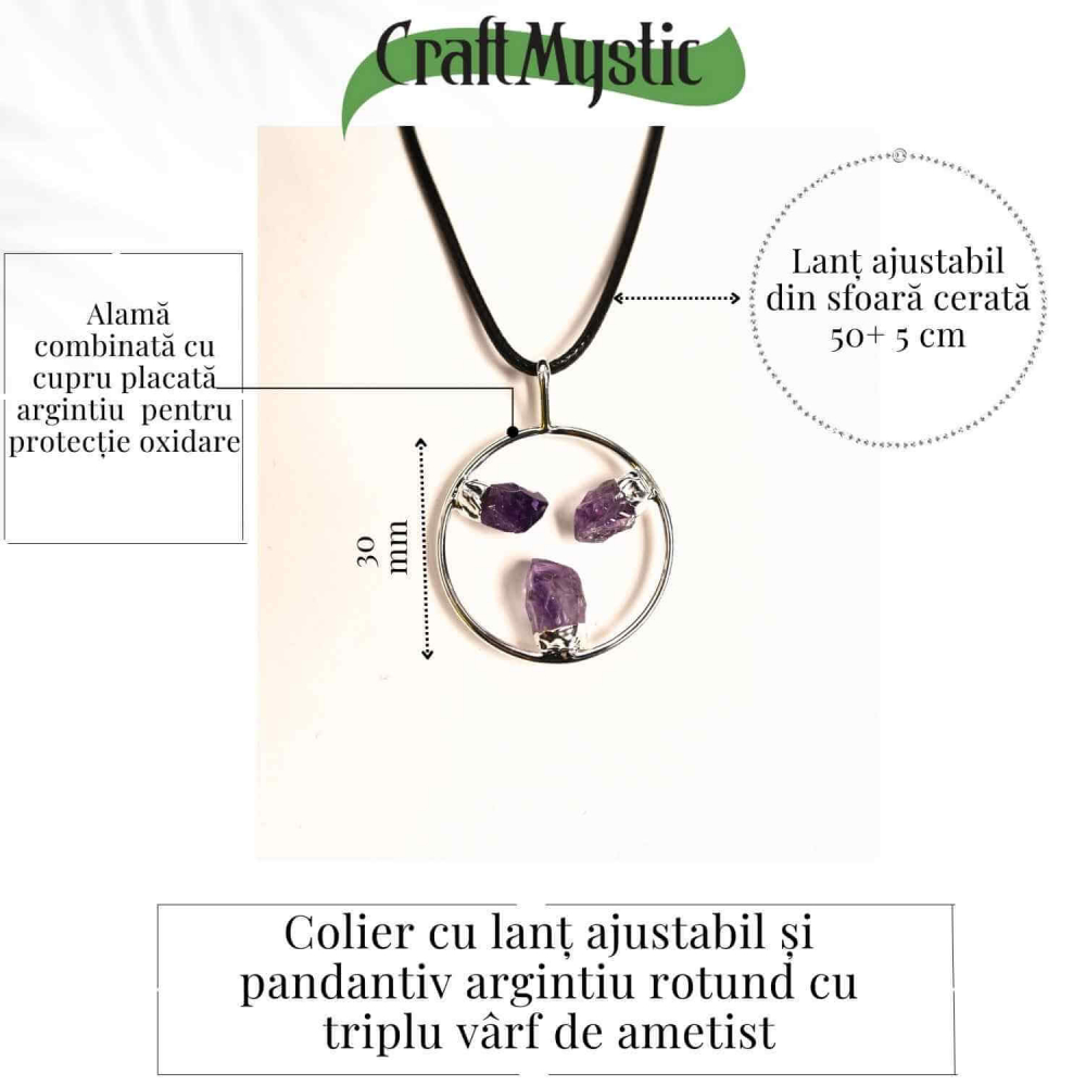 Colier cu pandantiv rotund si 3 pietre Ametist – Claritate si Eleganta Naturala [4]
