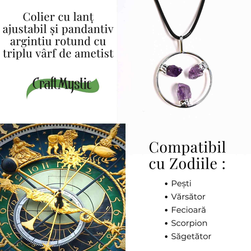 Colier cu pandantiv rotund si 3 pietre Ametist – Claritate si Eleganta Naturala [5]
