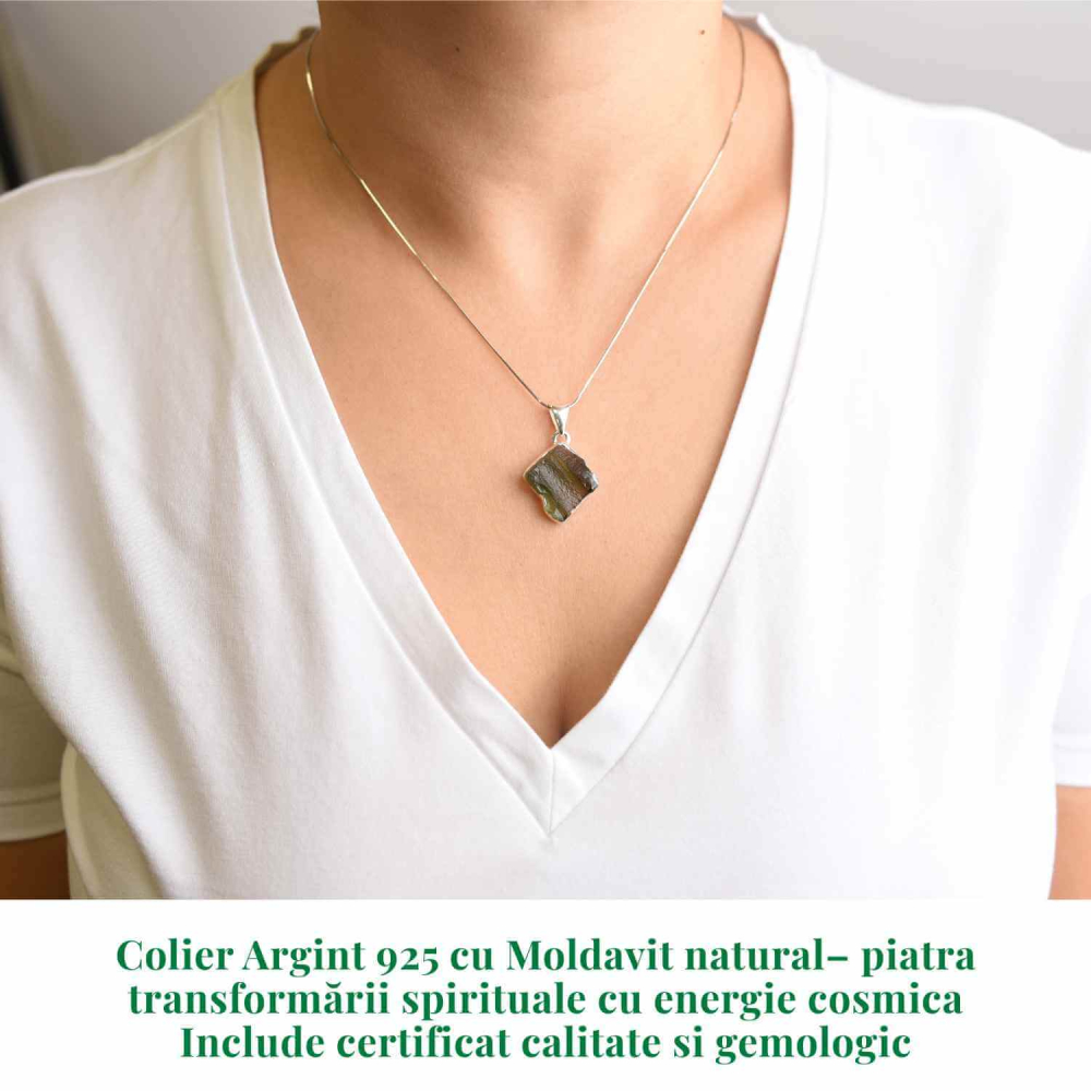 Colier argint 925 cu Moldavit natural brut – Energie cosmica, talisman de protectie [3]
