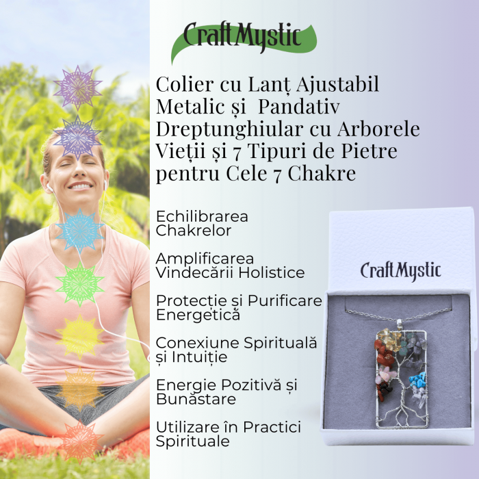 Colier dreptunghiular ajustabil cu arborele vietii si pietre pentru chakre - Echilibru si Armonie [6]