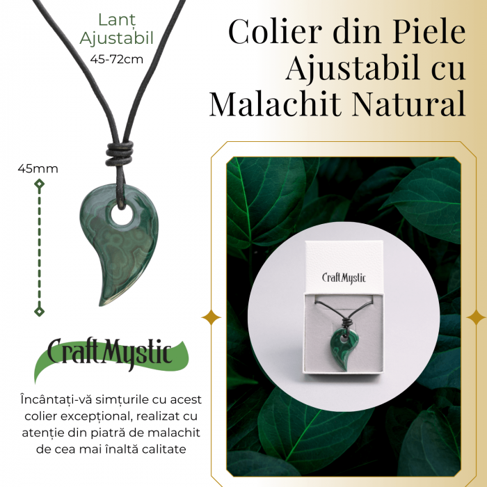 Colier cu Lant din Piele Ajustabil si Pandantiv 45mm in Forma de Virgula din Malachit Natural [2]