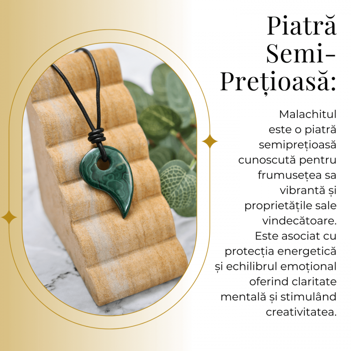 Colier cu Lant din Piele Ajustabil si Pandantiv 45mm in Forma de Virgula din Malachit Natural [3]