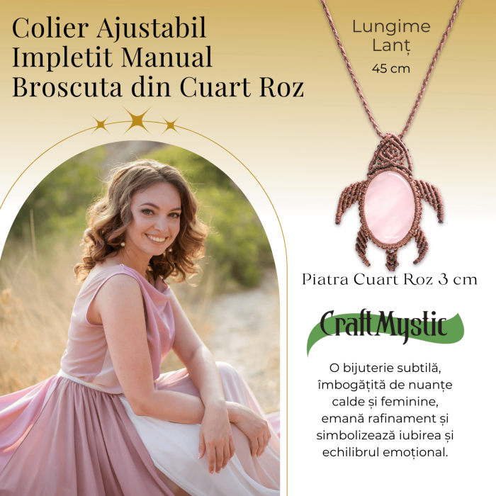 Colier Ajustabil Handmade cu Cristal de Cuart Roz in Broscuta Impletita – Lungime Maxima 45 cm [2]