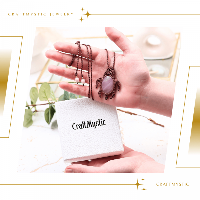 Colier Ajustabil Handmade cu Cristal de Cuart Roz in Broscuta Impletita – Lungime Maxima 45 cm [3]