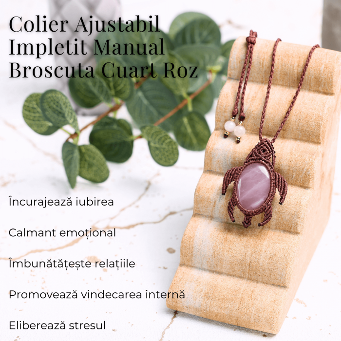 Colier Ajustabil Handmade cu Cristal de Cuart Roz in Broscuta Impletita – Lungime Maxima 45 cm [4]