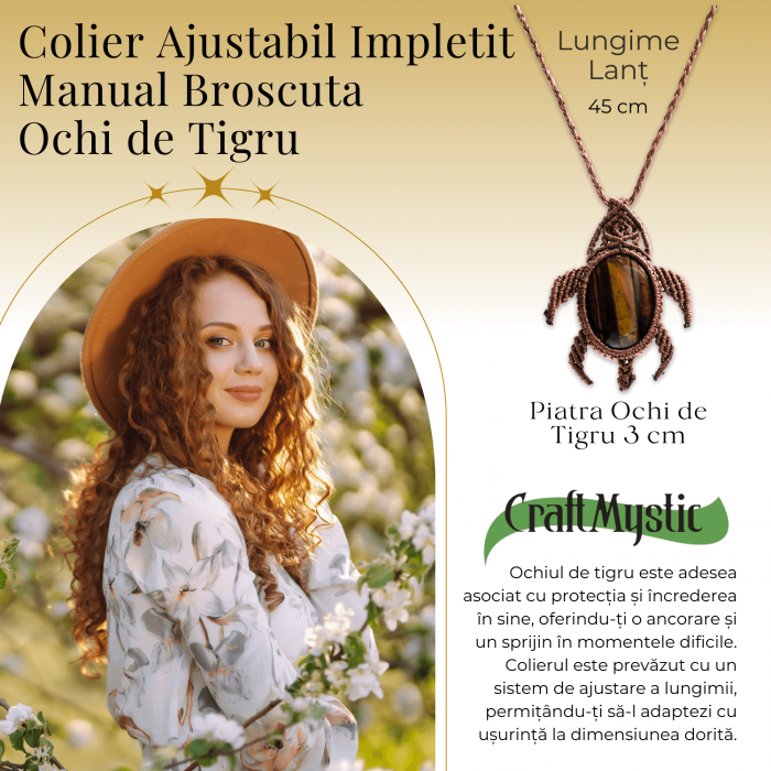 Colier Ajustabil Handmade cu Cristal de Ochi de Tigru in Broscuta Impletita – Lungime Maxima 45 cm [2]