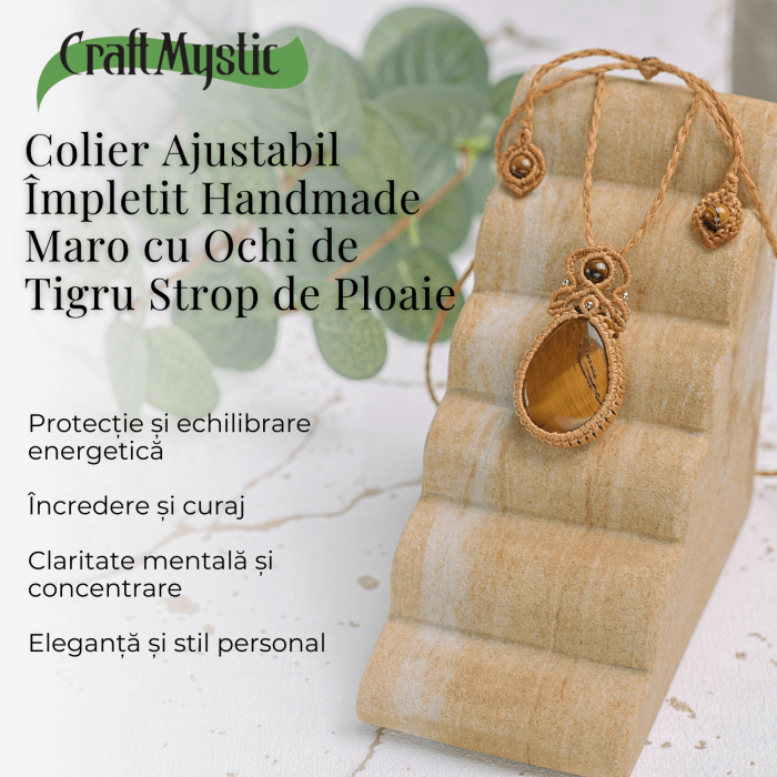 Colier Ajustabil Handmade cu Ochi de Tigru "Strop de Ploaie" – Maro, Lungime Maxima 45 cm [5]