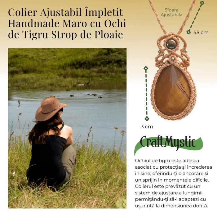 Colier Ajustabil Handmade cu Ochi de Tigru "Strop de Ploaie" – Maro, Lungime Maxima 45 cm [2]