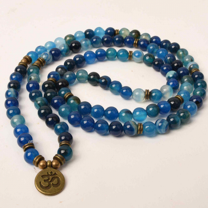 Bratara si Colier cu Simbolul Yoga si 108 de Margele Mala 8mm din Agat Albastru Accesoriu Spiritual pentru Meditatie si Bijuterie pentru Femei si Barbati [2]