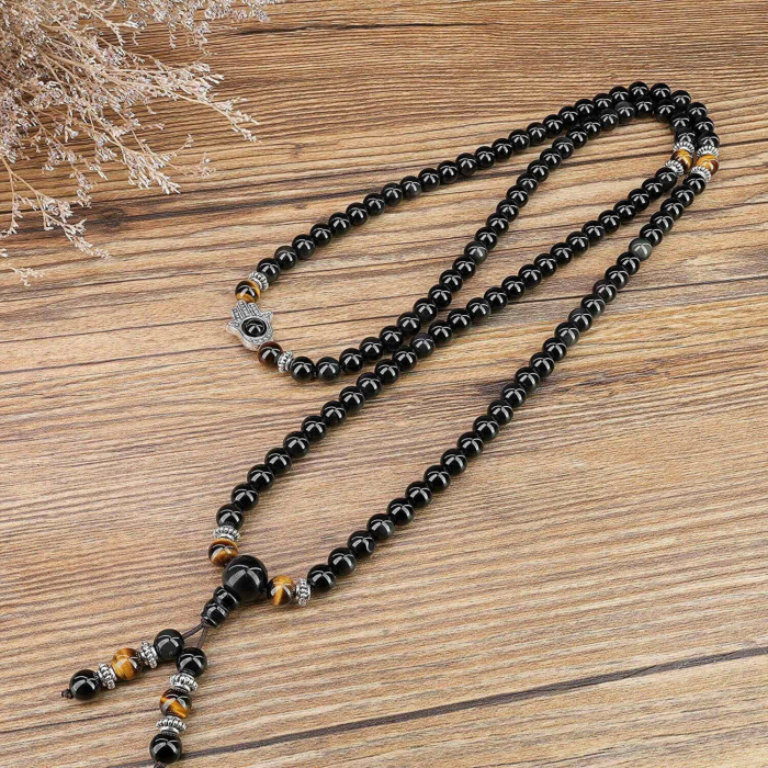 Bratara-Colier 108 Mala din Obsidian si Ochi de Tigru cu Mana Fatimei sau Hamsa [4]
