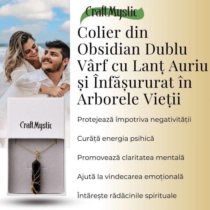 Colier cu Cristal Obsdian si infasurat cu sarma forma Arborele Vietii - Bijuterie Spirituala pentru Femei si Barbati [3]