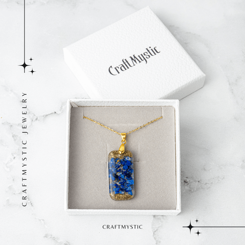 Colier cu Lapis Lazuli si Rasina – Pandantiv Dreptunghiular cu Simbol Sacru Sri Yantra [6]