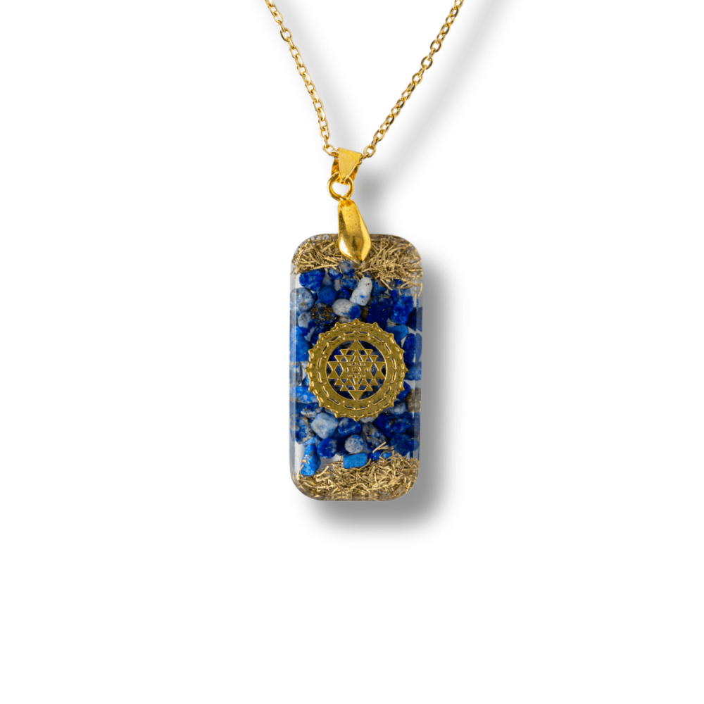 Colier cu Lapis Lazuli si Rasina ,   Pandantiv Dreptunghiular cu Simbol Sacru Sri Yantra