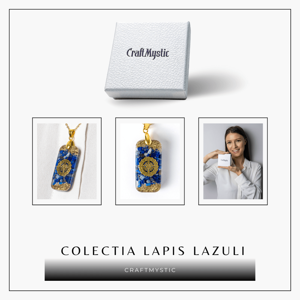 Colier cu Lapis Lazuli si Rasina – Pandantiv Dreptunghiular cu Simbol Sacru Sri Yantra [9]