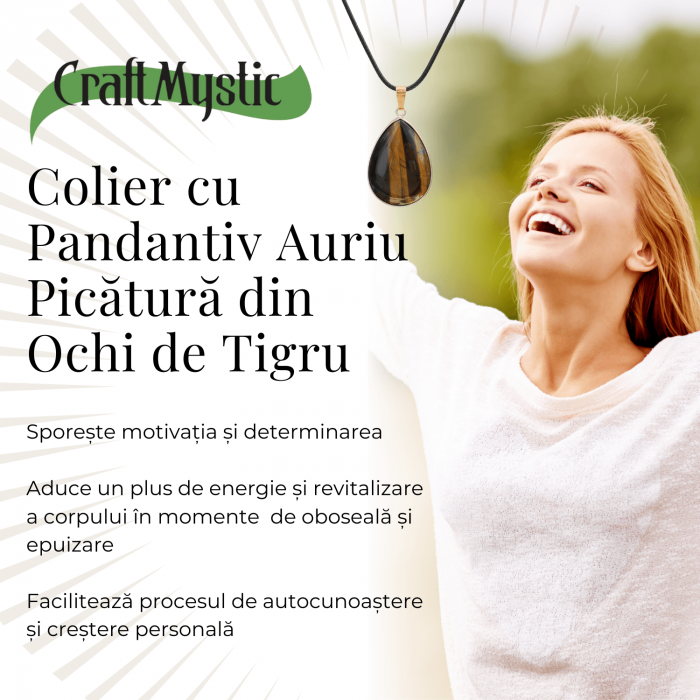 Colier Reglabil cu Pandantiv Auriu in Forma de Strop de Ploaie din Ochi de Tigru, 35mm [6]