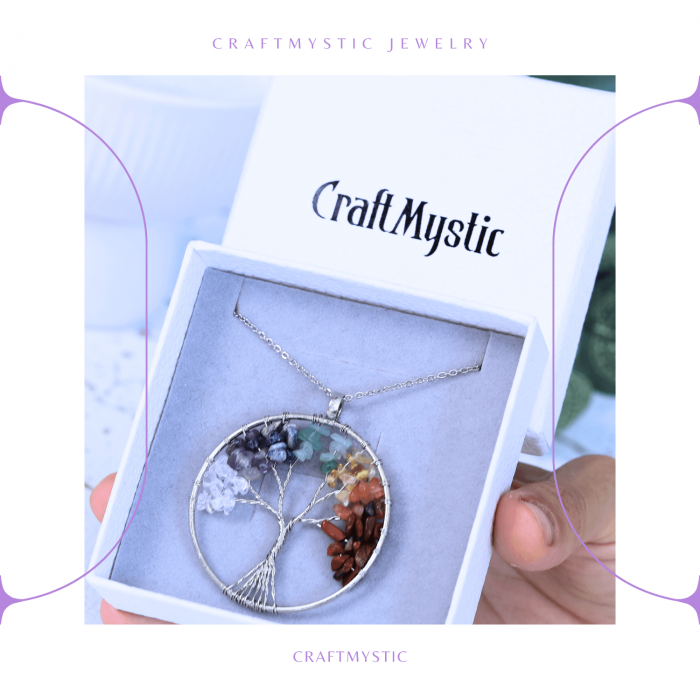 Colier rotund ajustabil cu arborele vietii si pietre pentru chakre [4]