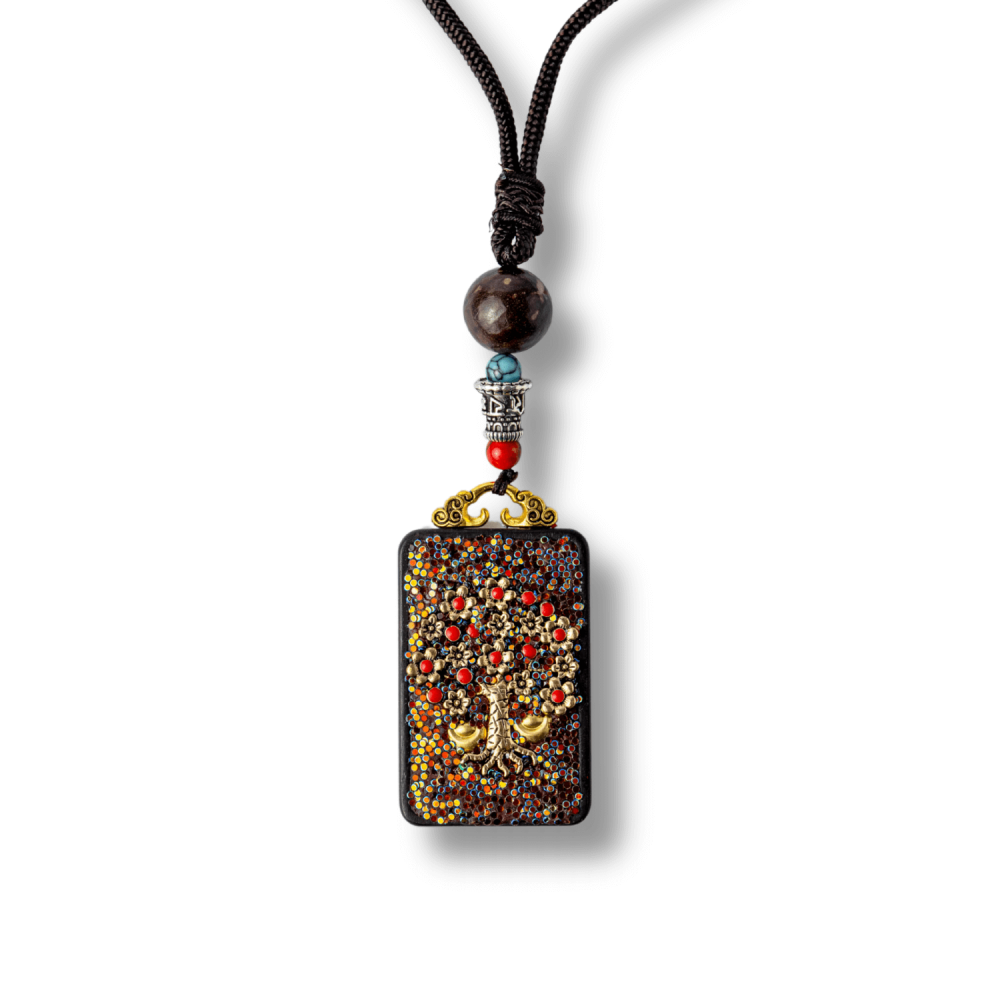 Colier Thangka Nepalez din Lemn de Abanos cu Arborele Vietii ,   Protectie, Armonie si Renastere Spirituala
