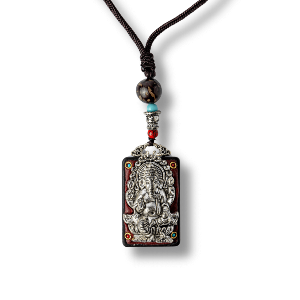 Colier Thangka Nepalez din Lemn de Abanos cu Zeul Ganesha ,   Prosperitate, Intelepciune si Protectie Divina