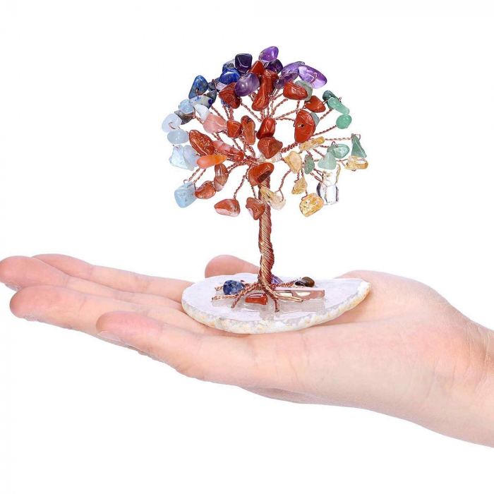 Mini Copacel pietre semipretioase 7 chakra pe felie de agat – decor cristal feng shui, accesorii pentru birou, cristale pentru meditatie [5]