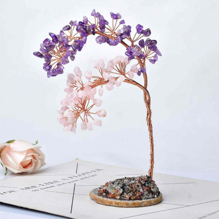Copac pietre semipretioase ametist si cuart Roz pe felie de agat – Decor cristal feng shui, accesorii pentru birou, cristale pentru meditatie [6]