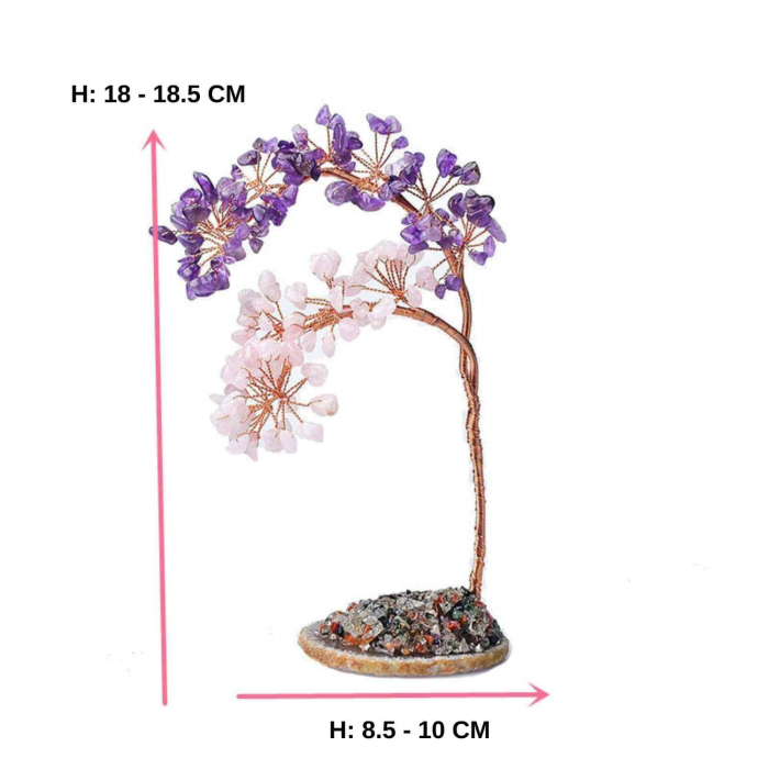 Copac pietre semipretioase ametist si cuart Roz pe felie de agat – Decor cristal feng shui, accesorii pentru birou, cristale pentru meditatie [2]