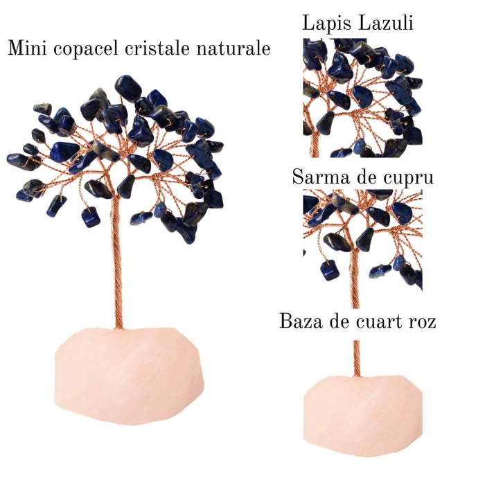 Copacel 10-11 cm din cristale naturale Lapis Lazuli cu baza de Cuart Roz cu 6 ramuri și 54 mini pietre semiprețioase - Armonie si bunastare [3]