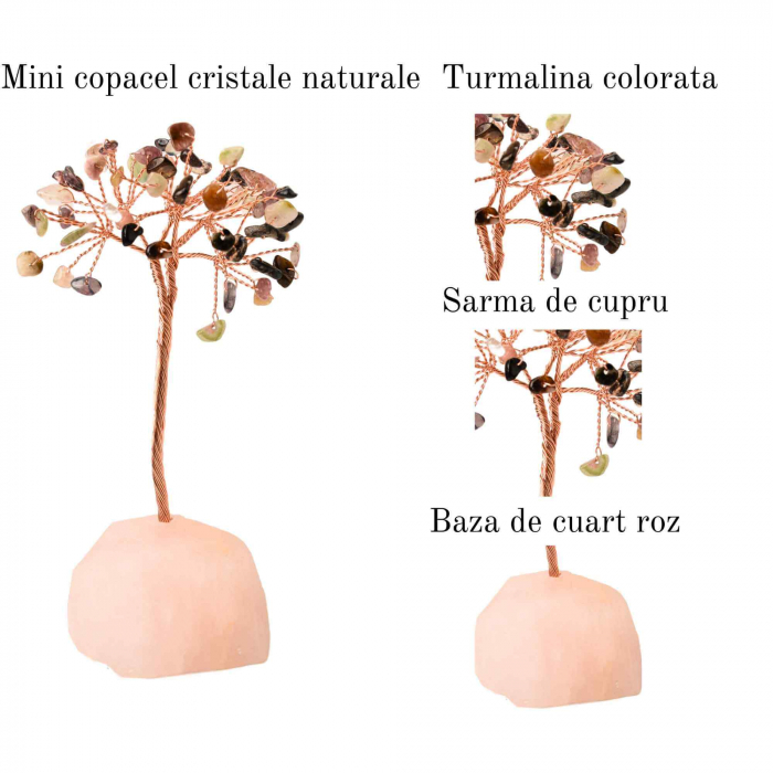 Copacel 10-11 cm din cristale naturale Turmalina colorata cu baza de Cuart Roz cu 6 ramuri și 54 mini pietre semiprețioase - Protectie si iubire [3]