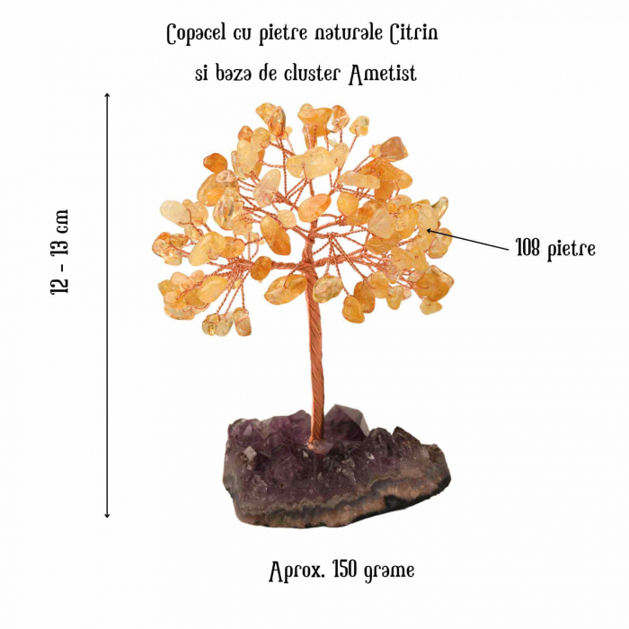 Copacel 12-13 cm cu 108 pietre naturale semipretioase Citrin pe baza de Ametist cluster - Arborele vietii pentru noroc, decor interior, exterior [2]