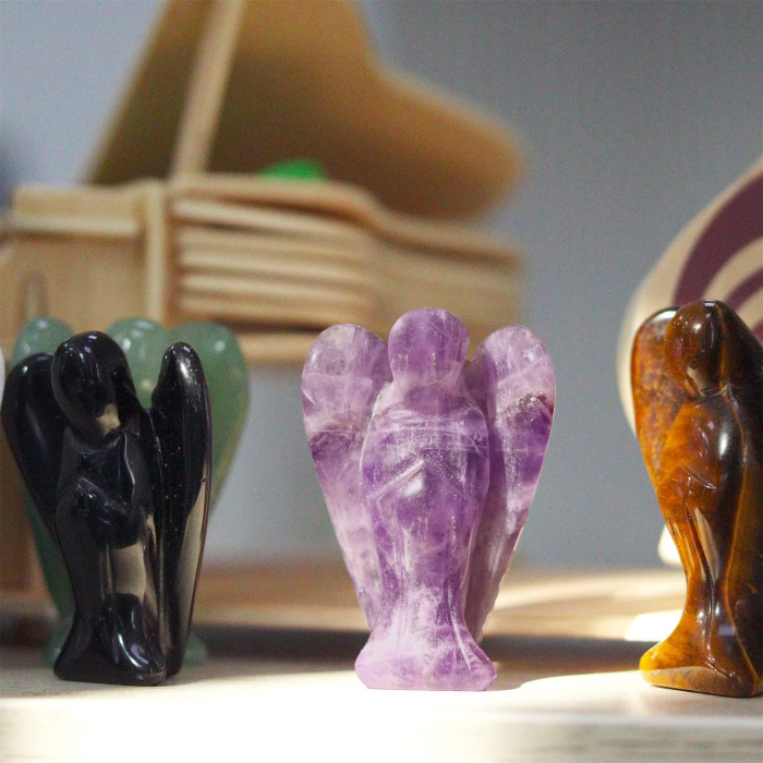Figurina 5 cm inger din cristal vindecator Ametist - Sculptura manuala din piatra naturala lustruita - Decor pentru camera birou cu energie reiki pentru femei barbati [5]