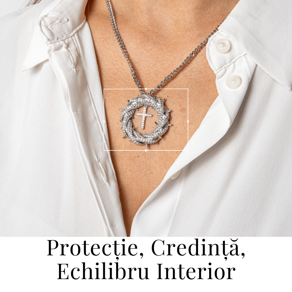 Protectie si Credinta – Colier Cruce cu Zirconiu si Coroana Circulara, Placat Argintiu [2]