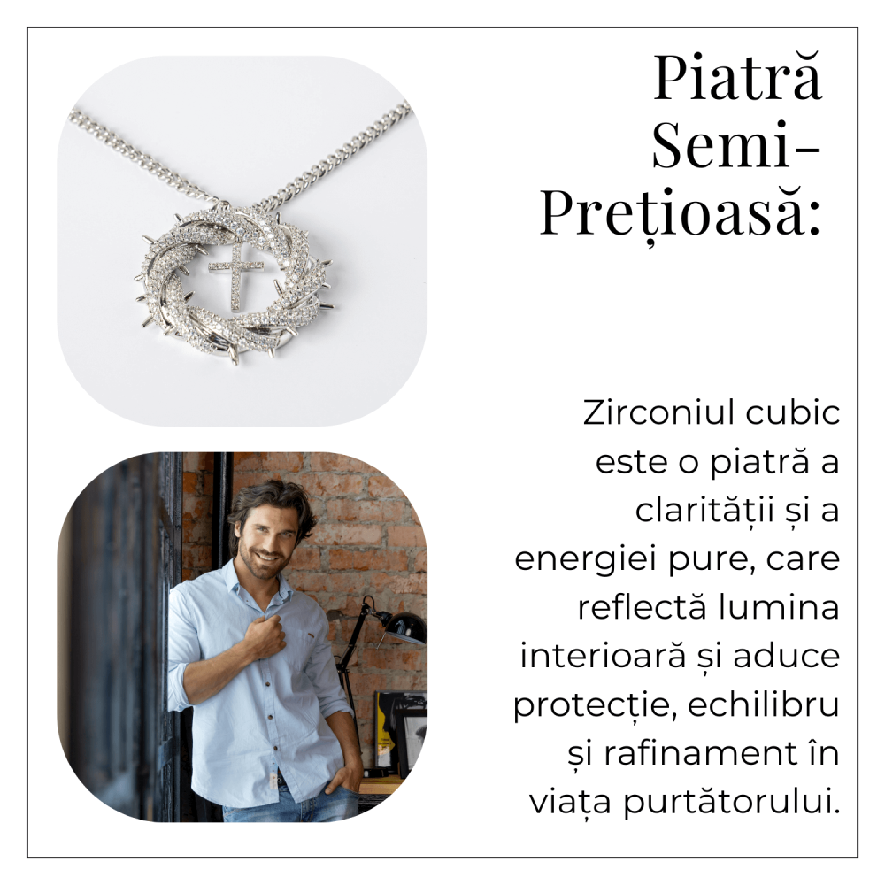 Protectie si Credinta – Colier Cruce cu Zirconiu si Coroana Circulara, Placat Argintiu [6]