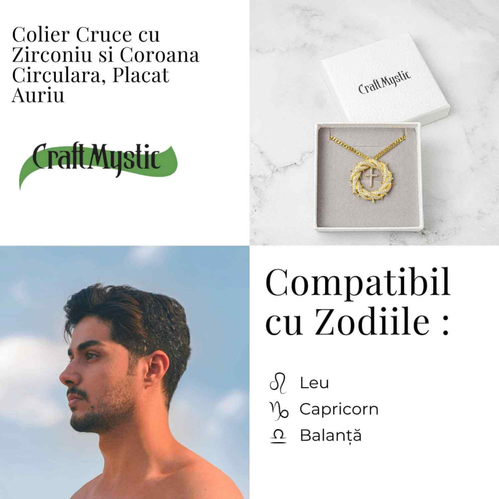 Credinta si Protectie – Colier Cruce cu Zirconiu si Coroana Circulara, Placat Auriu [4]