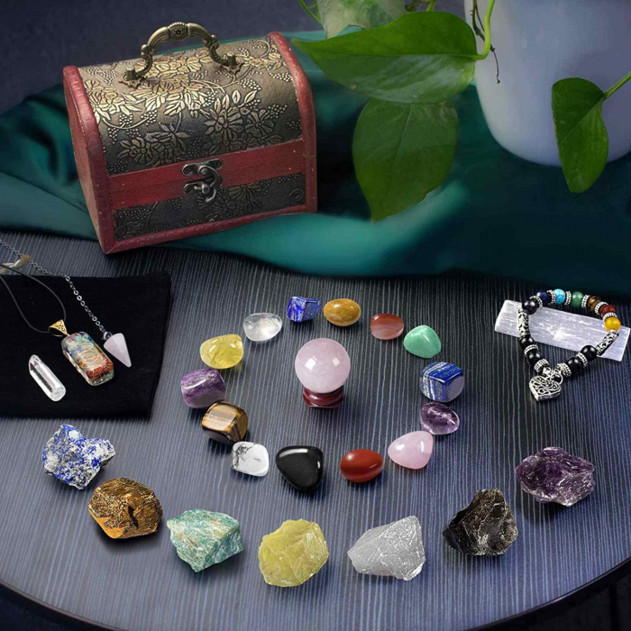 Set 28 piese cu cristale vindecatoare naturale - Contine 14 cristale naturale polisate si 7 pietre brute, sfera, pendul, selenit, bratara, colier, cristal stanca, pietre sparte [3]