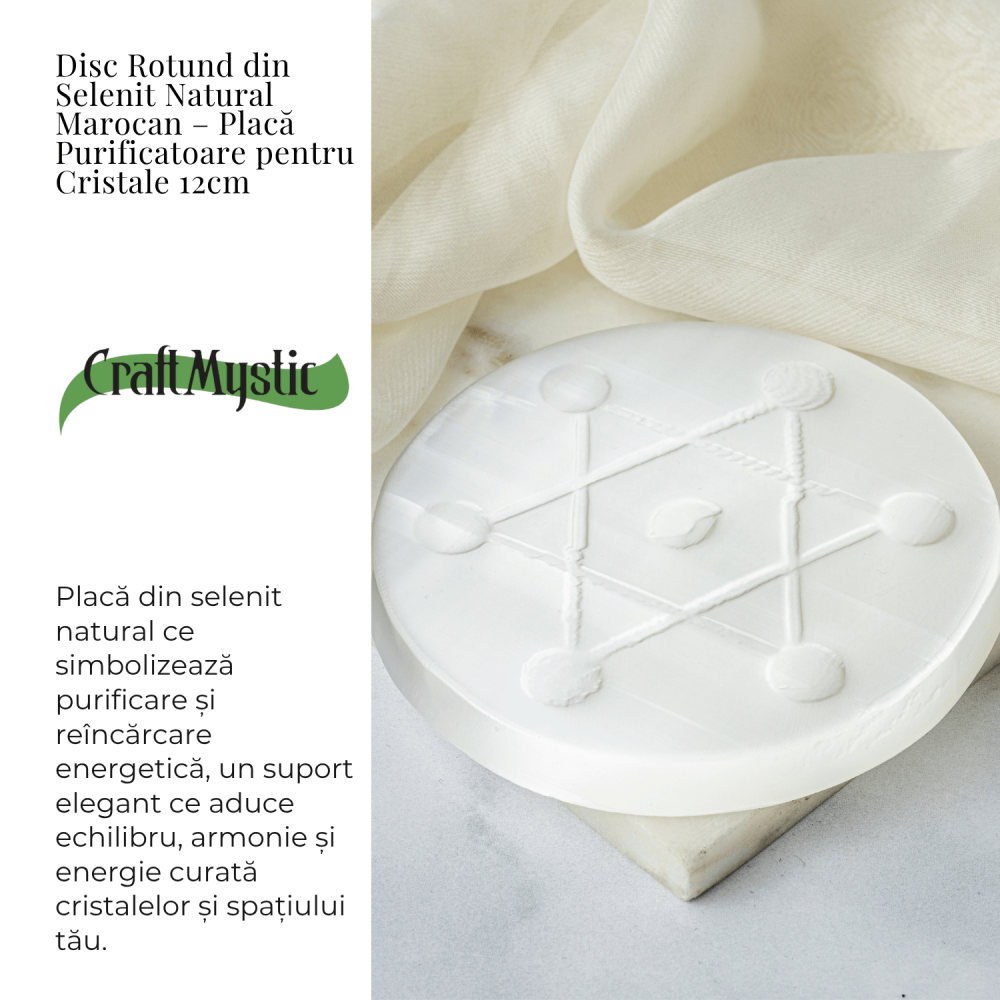 Disc Rotund din Selenit Natural 12cm – Placa cu Simbolul Metatron pentru Purificare si Protectie Energetica [3]