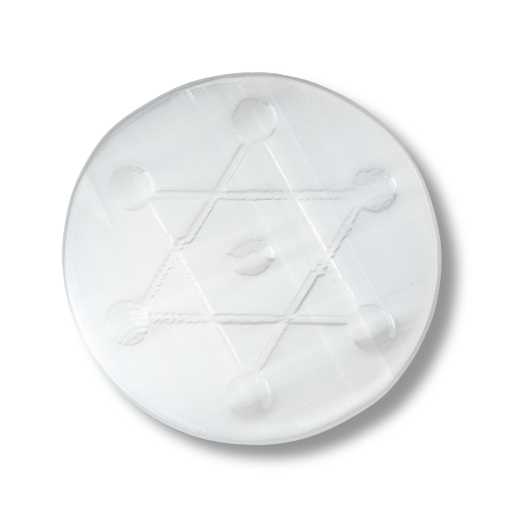 Disc Rotund din Selenit Natural 12cm ,   Placa cu Simbolul Metatron pentru Purificare si Protectie Energetica