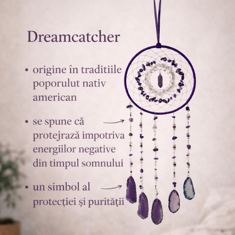 Dreamcatcher cu ametist, cuart transparent si agat – un simbol al claritătii si linistii interioare [3]
