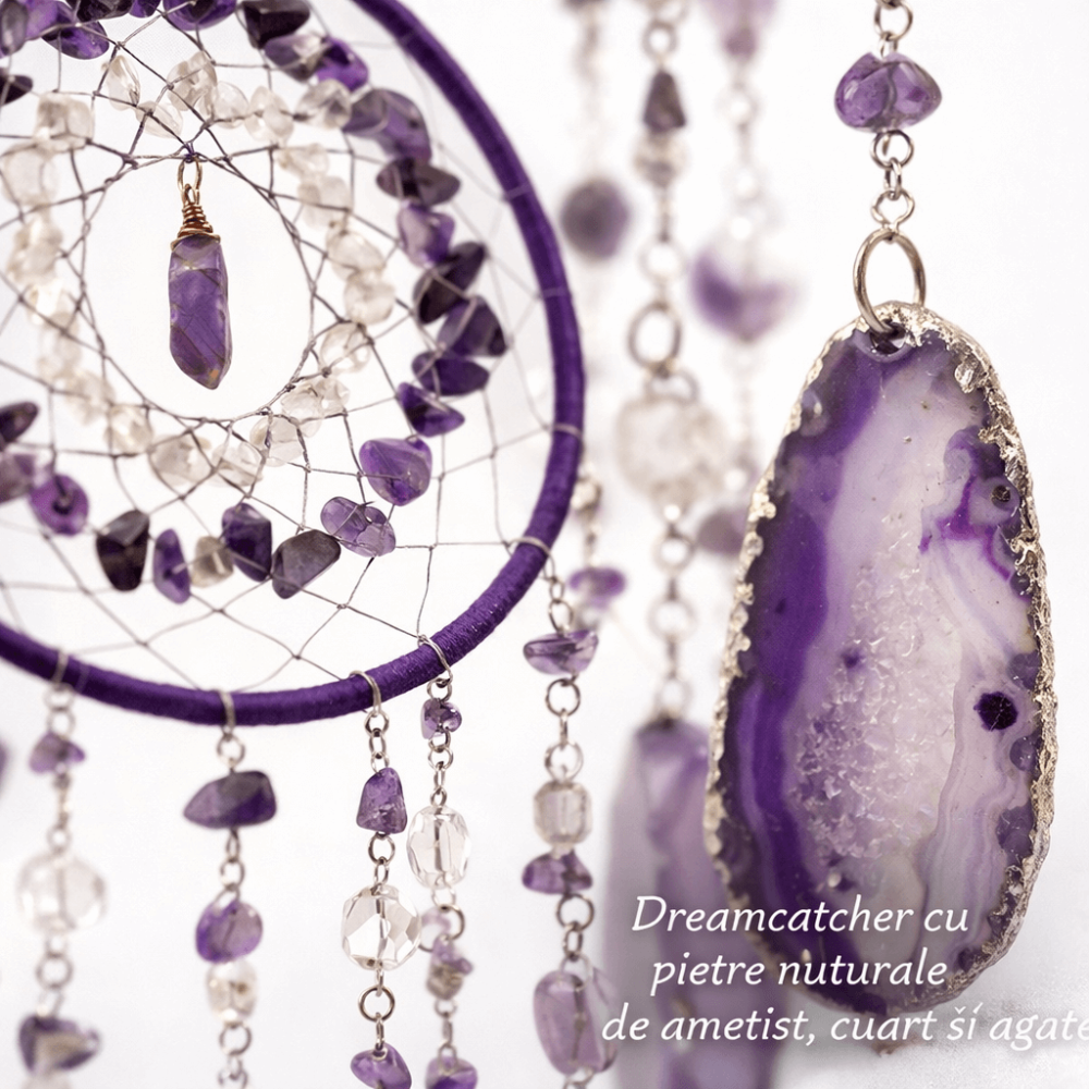 Dreamcatcher cu ametist, cuart transparent si agat – un simbol al claritătii si linistii interioare [7]