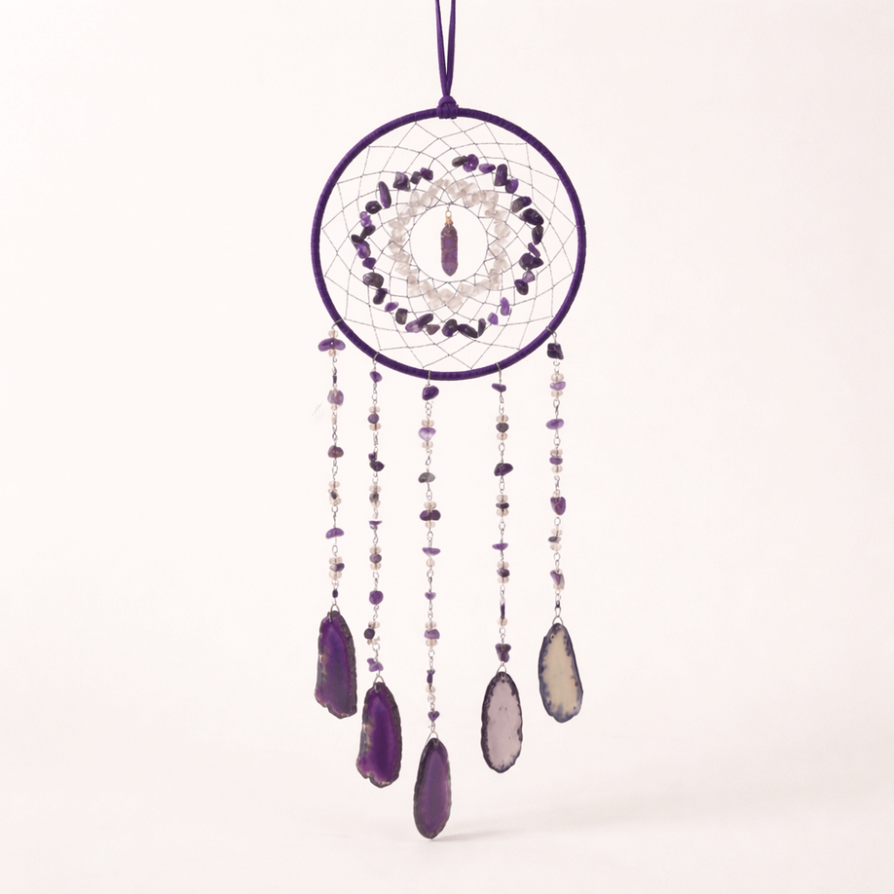 Dreamcatcher cu ametist, cuart transparent si agat – un simbol al claritătii si linistii interioare [8]