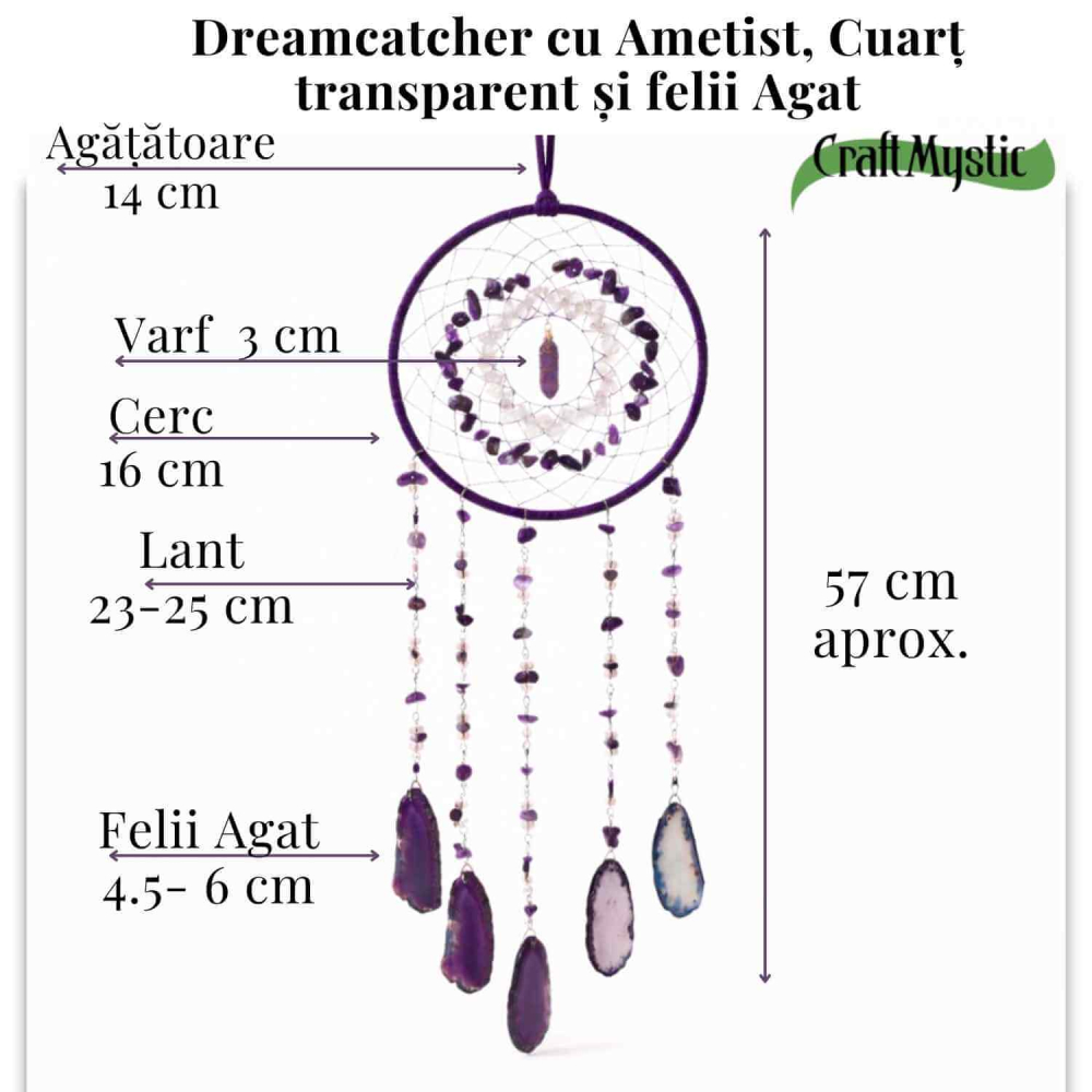 Dreamcatcher cu ametist, cuart transparent si agat – un simbol al claritătii si linistii interioare [5]
