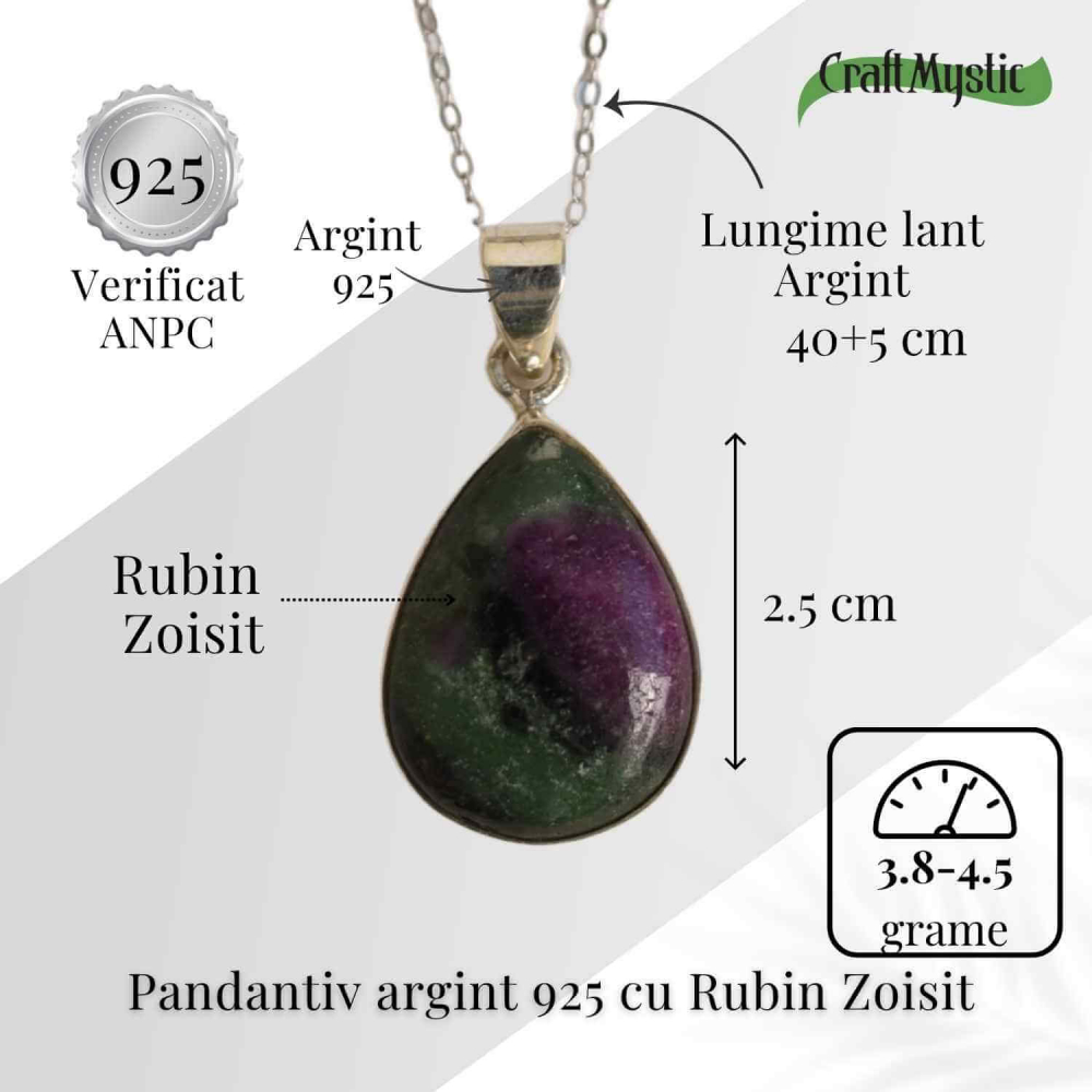 Curaj si Echilibru Emotional – Colier din Argint 925 cu Rubin Zoisit in Forma de Lacrima [5]