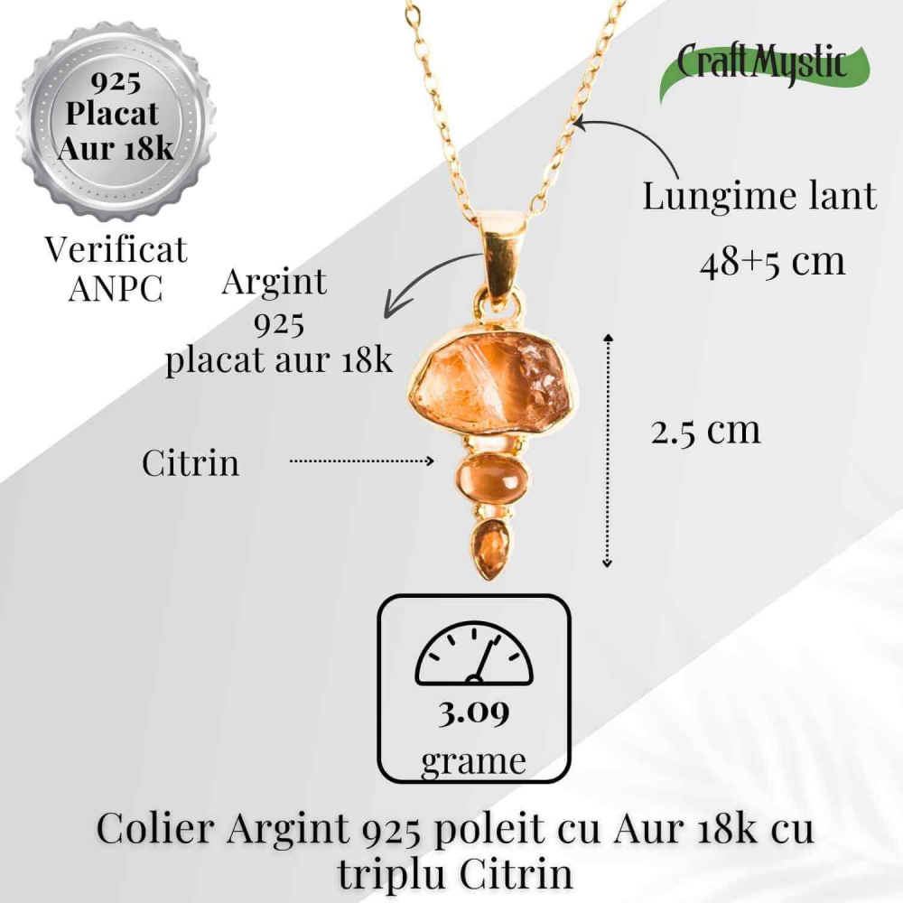 Energie Pozitiva si Prosperitate –Colier inox si pandantiv argint 925 placat cu aur de18k si Triplu Citrin [5]