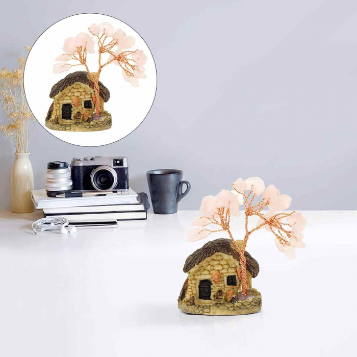 Figurina casuta cu ramuri din cristale naturale Cuart Roz - Decoratiune interior sau exterior, pentru casa, birou, acvariu [5]